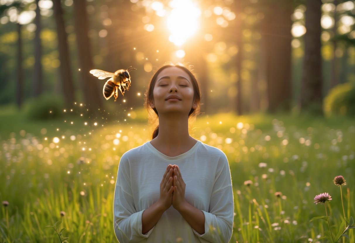 A person with closed eyes standing peacefully in a sunlit meadow while a bee flies nearby among wildflowers.