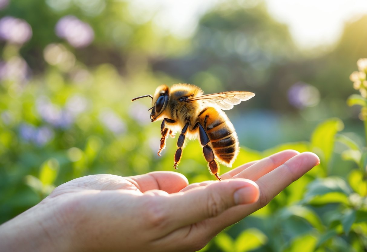 A bee landing on a person's hand in a garden with flowers and greenery.