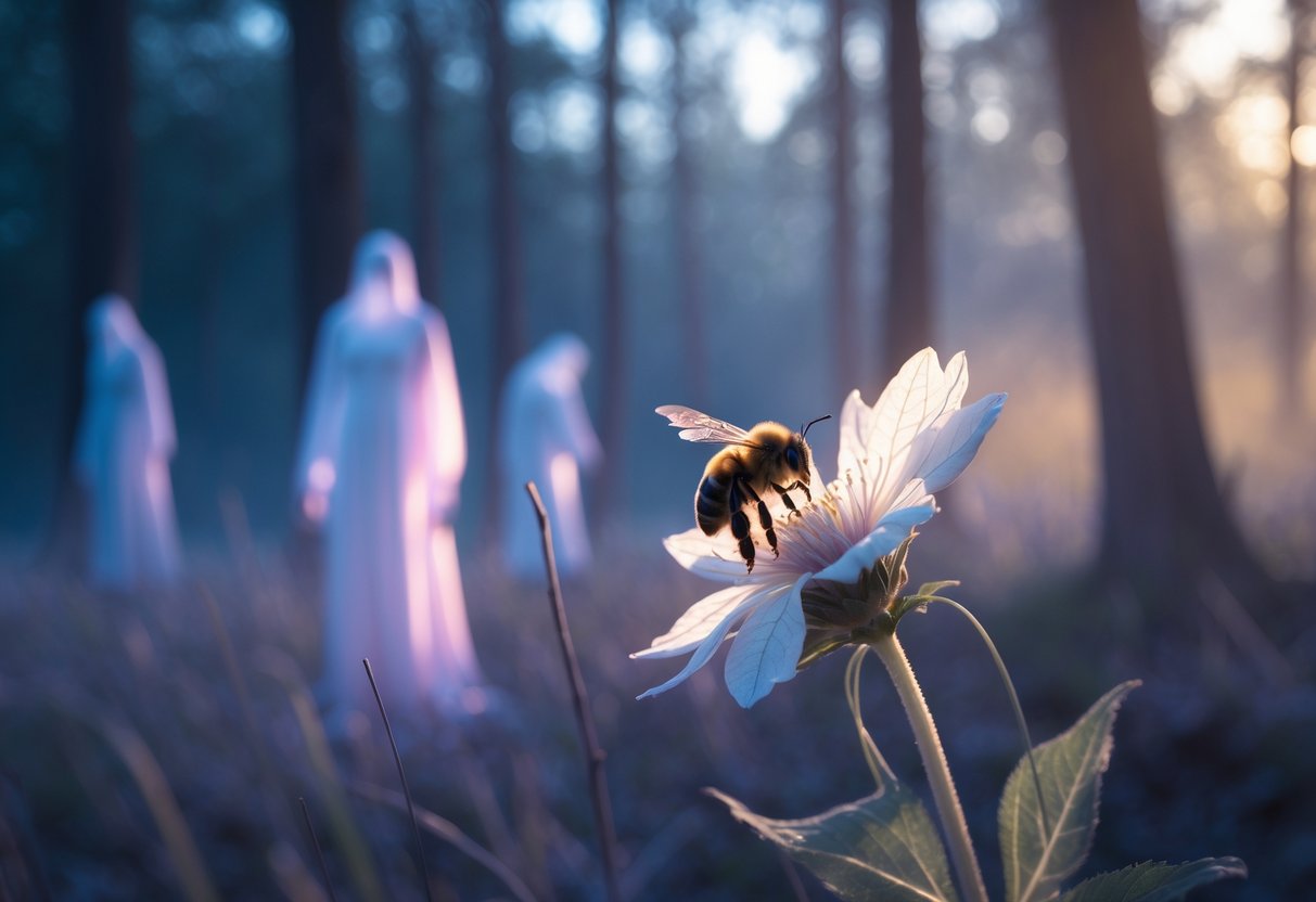 A close-up of a bee near a wilted white flower with faint, ghostly human shapes appearing in a misty forest background.