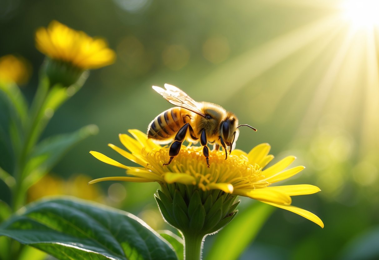 Close-up of a honeybee on a yellow flower with sunlight and green foliage in the background.