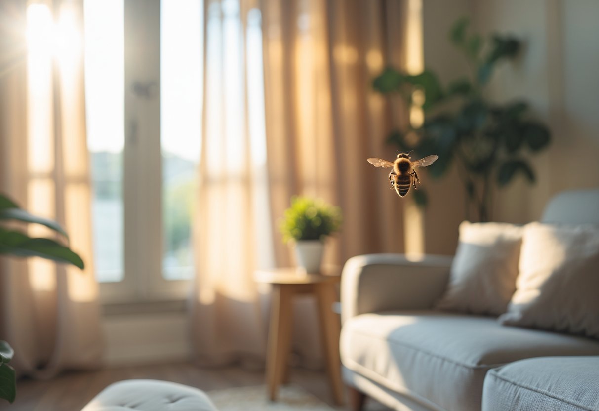 A bee hovering near a bright window inside a cozy living room with modern furniture and a small indoor plant.