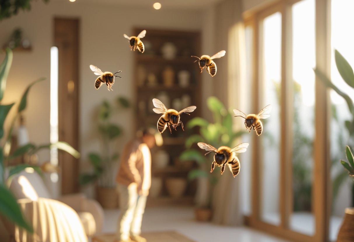 A person standing calmly inside a sunlit room with bees flying around them.