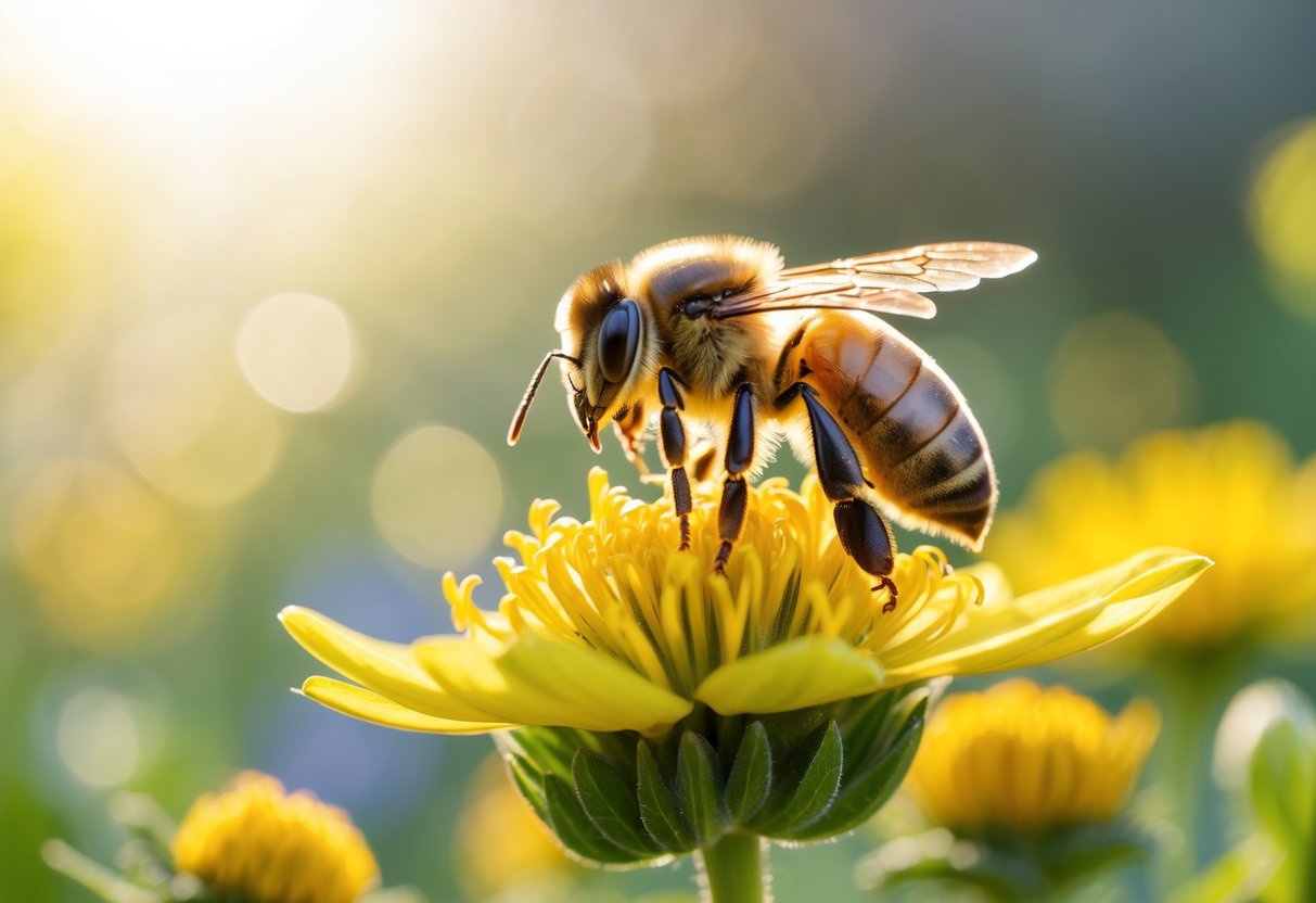 A honeybee resting on a yellow flower surrounded by green foliage in a sunlit garden.
