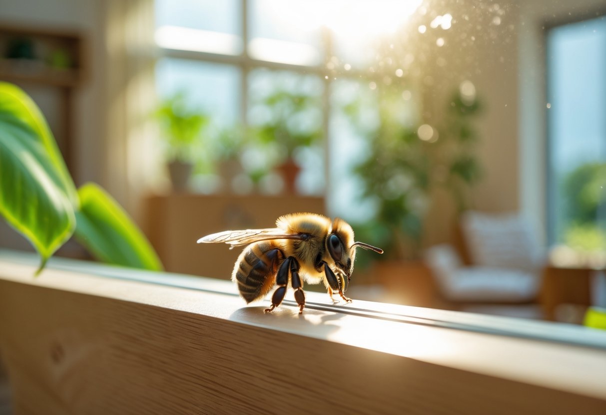 A bee resting on a sunlit window inside a cozy living room with plants and furniture in the background.