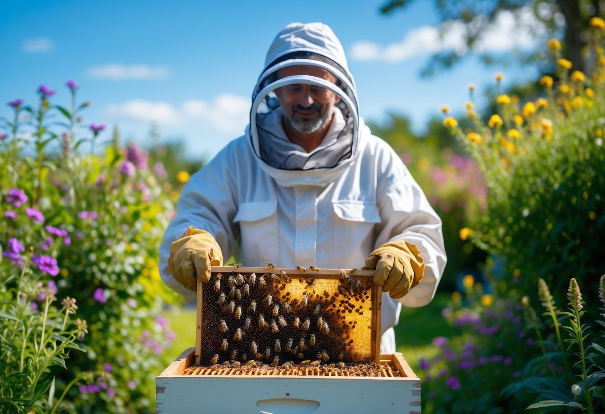A beekeeper in protective gear holding a honeycomb frame with bees in a garden full of flowering plants.