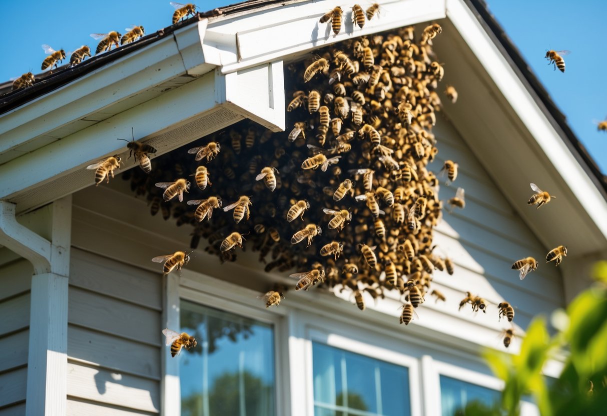 A swarm of honeybees flying and clustering around the exterior of a suburban house near the roof eaves.