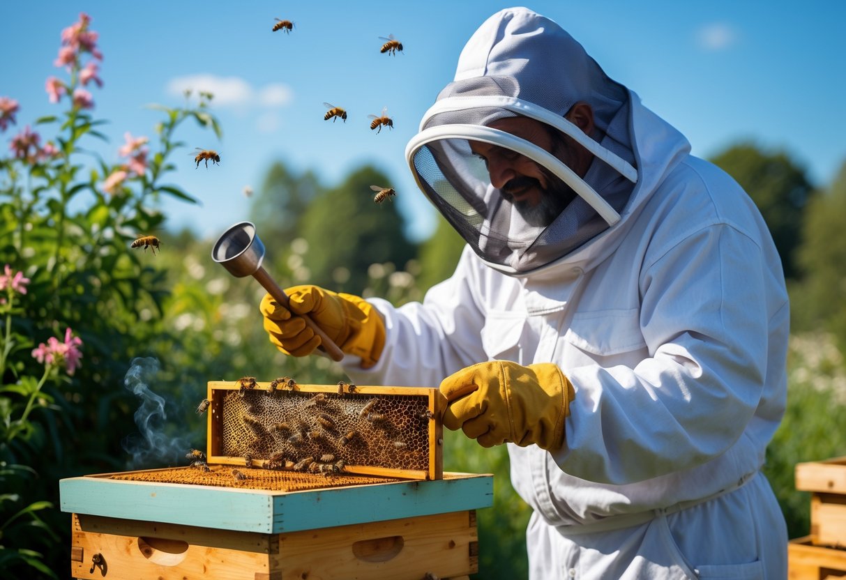 A beekeeper in protective clothing examining a honeycomb frame near a wooden beehive outdoors with bees flying around.