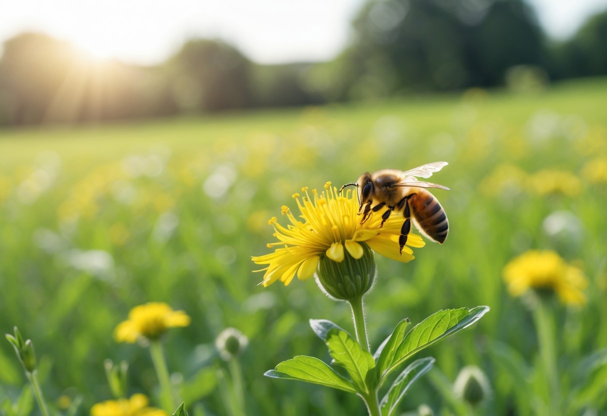 A close-up of a honeybee on a yellow wildflower in a green meadow with a blurred countryside background.