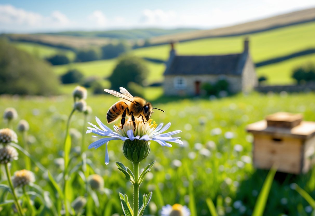 A honeybee on a blooming wildflower with an English countryside landscape, including rolling hills, a stone cottage, and a wooden beehive in the background.