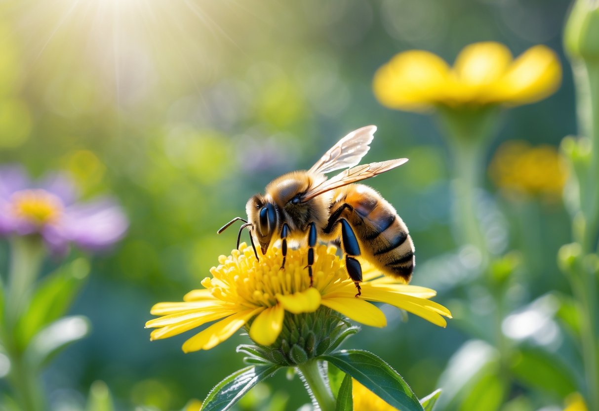 A bee sitting on a yellow flower in a garden with green leaves and other flowers in the background.
