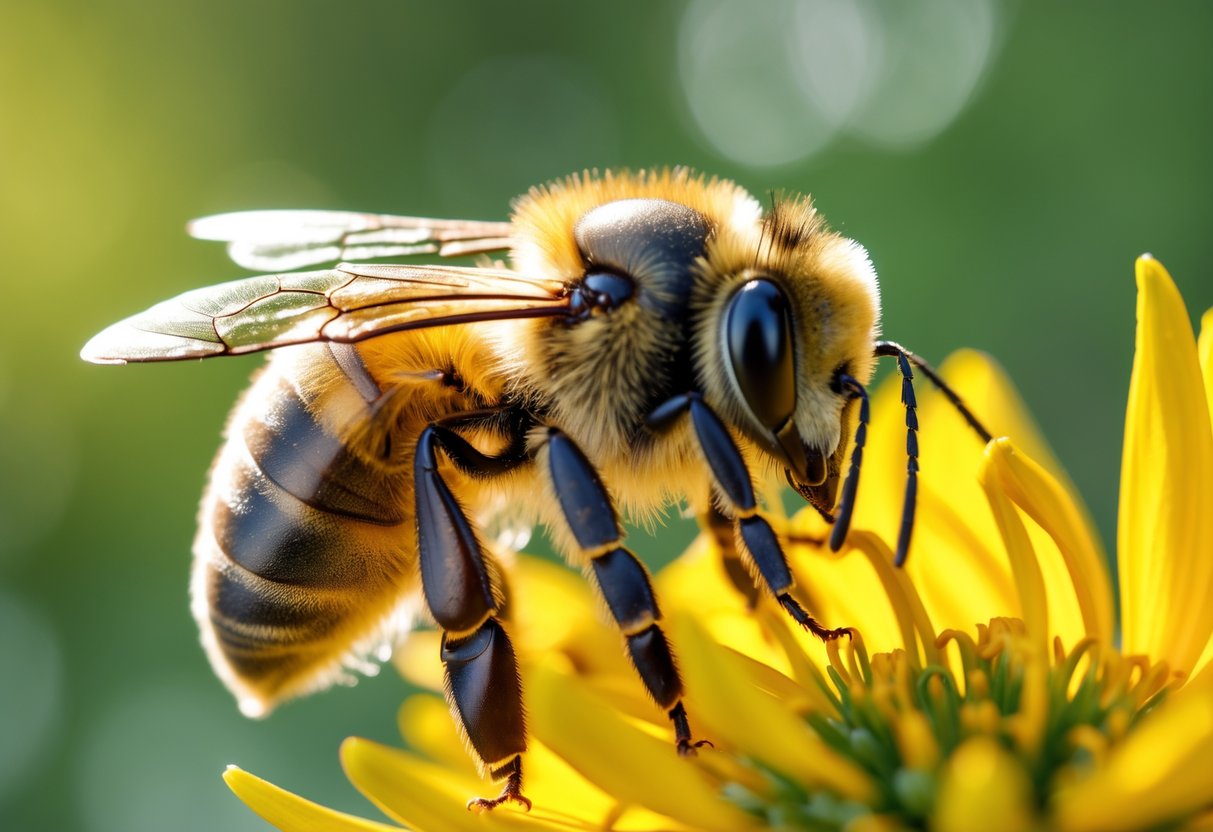 A close-up of a honeybee resting on a yellow flower with folded wings and drooping antennae.