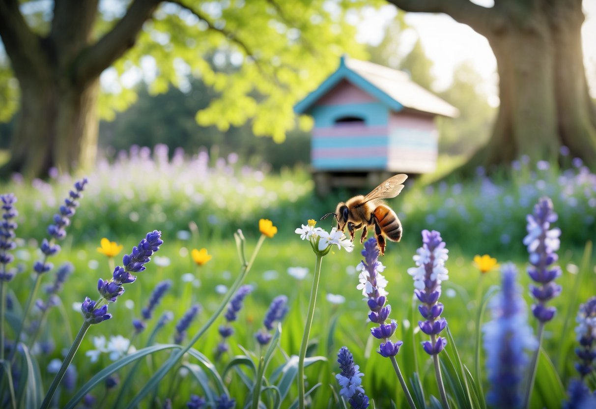 A honeybee collecting nectar from a flower near a traditional wooden beehive in a lush English garden with blooming flowers and trees.
