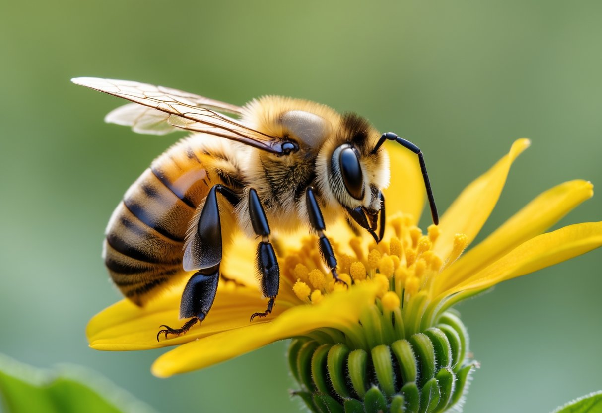 Close-up of a honeybee resting on a yellow flower petal with wings folded and antennae drooping.