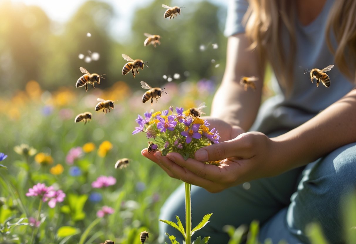 A person outdoors holding wildflowers with bees hovering around their hand in a garden.