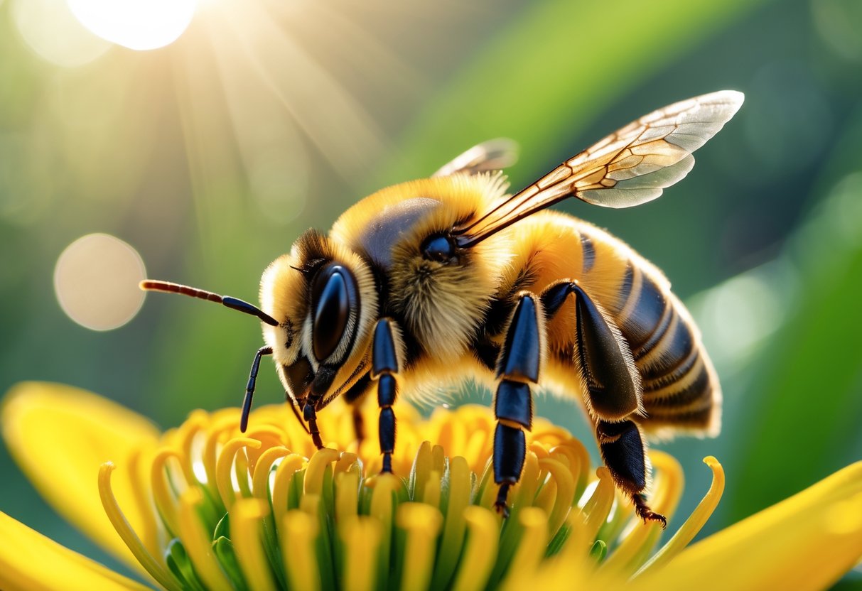 A close-up of a bee on a yellow flower extending its stinger in a natural outdoor setting.
