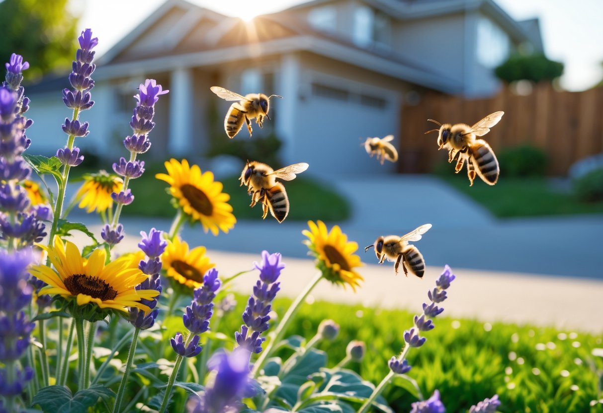 Bees flying around colorful flowers in a garden outside a house.