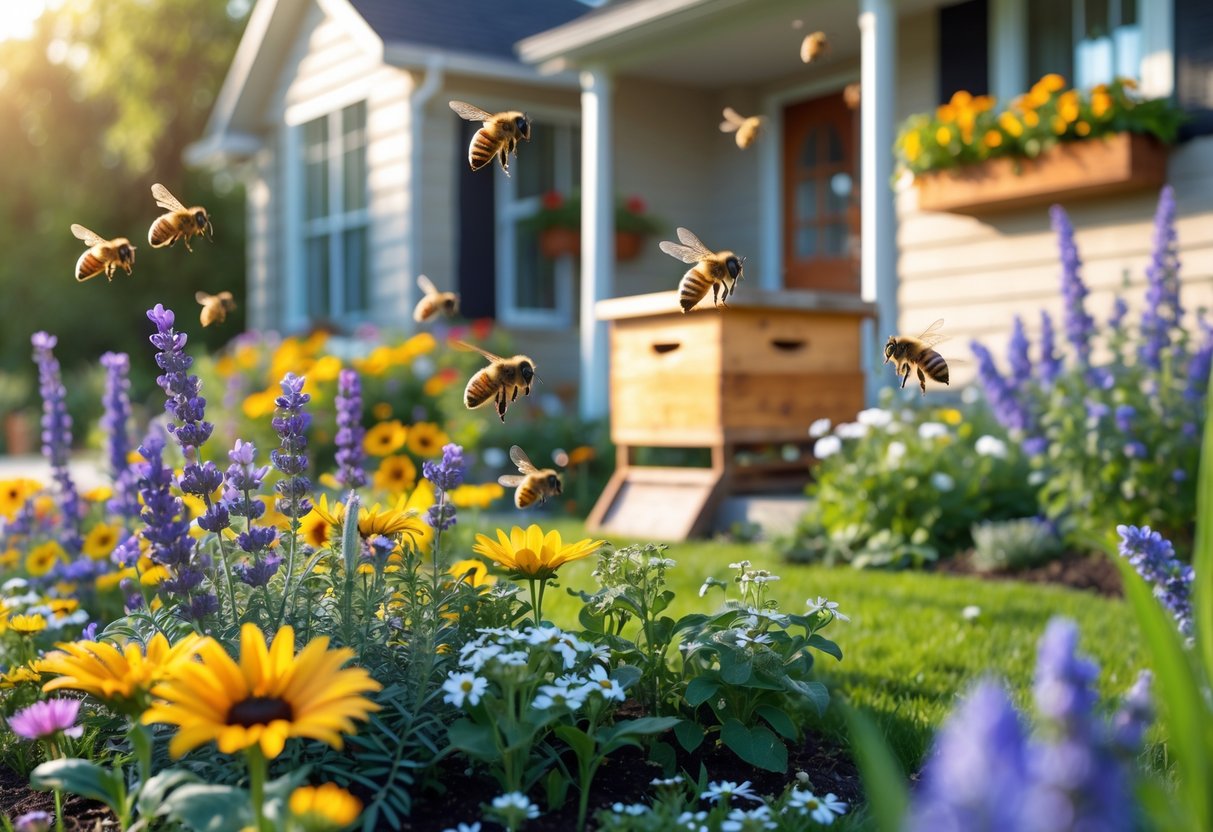 A garden near a house with colorful flowers and several bees flying around them.