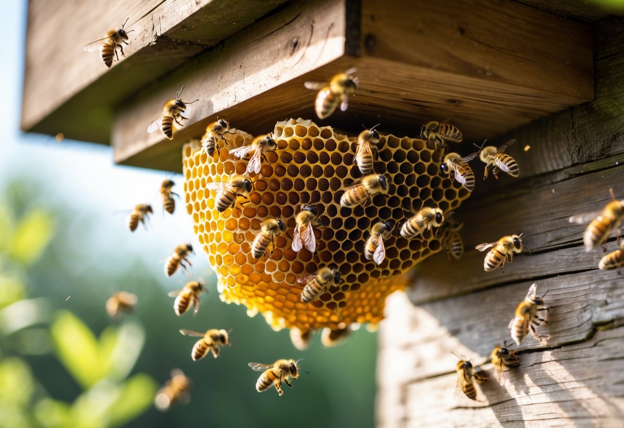 Close-up of a honey bee nest with bees on a wooden structure in a garden.