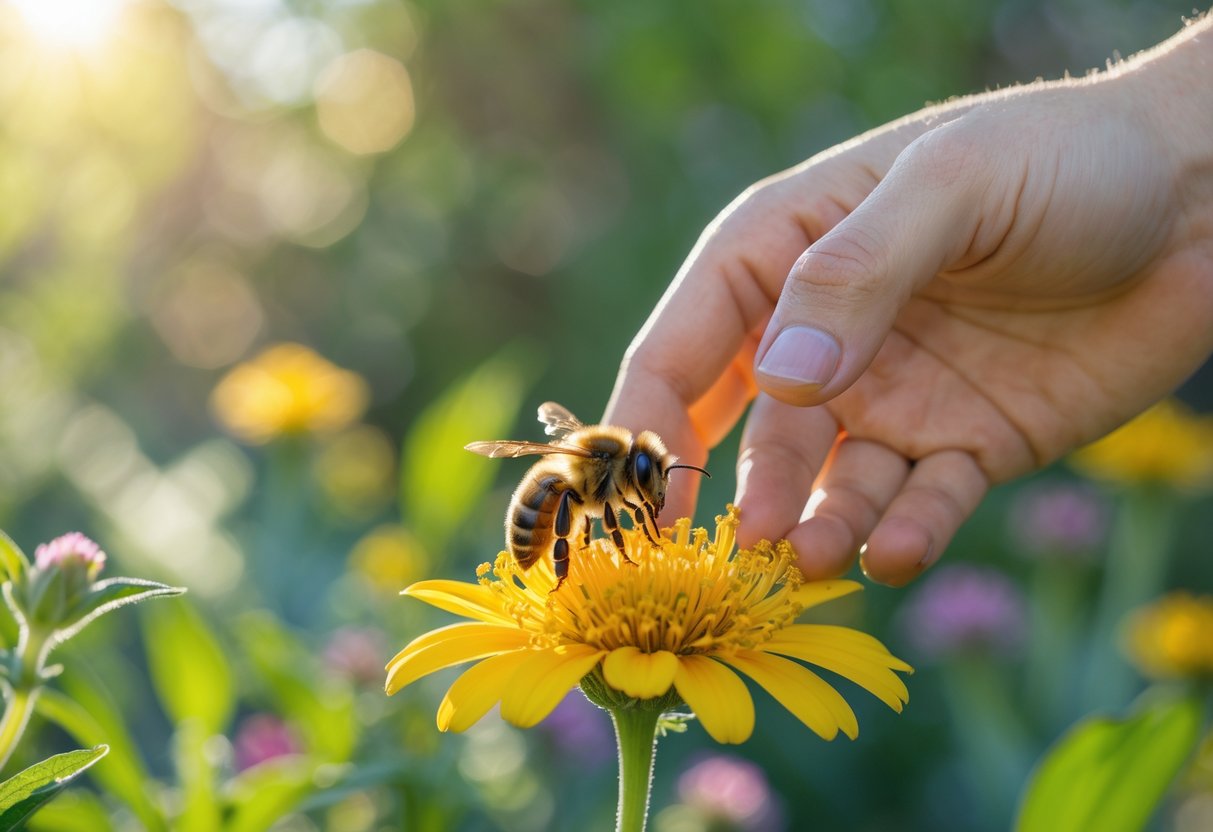 A person reaching out their hand toward a honeybee sitting on a yellow flower in a garden.