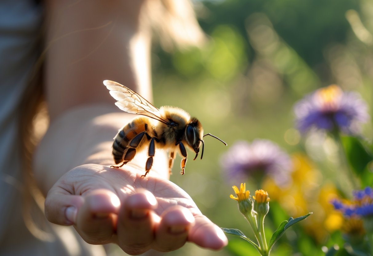 A close-up of a bee perched on a person's hand outdoors with flowers and greenery in the background.
