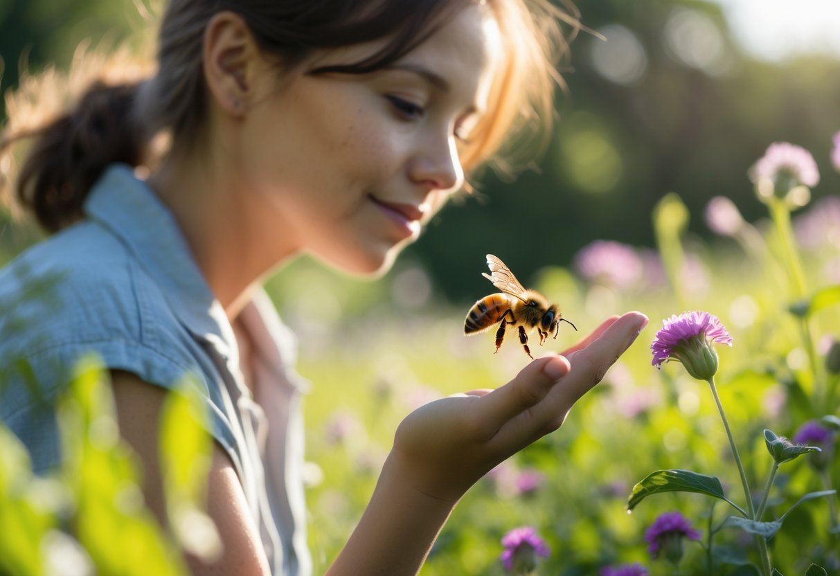 A person outdoors in a garden looking calmly at a bee hovering near their hand among flowers.