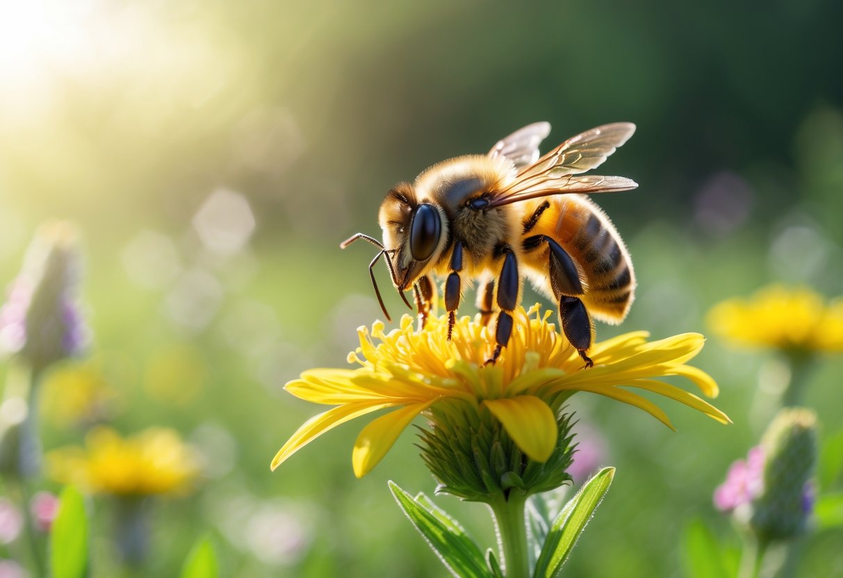 A bee resting on a yellow flower in a sunlit meadow with green plants and wildflowers in the background.