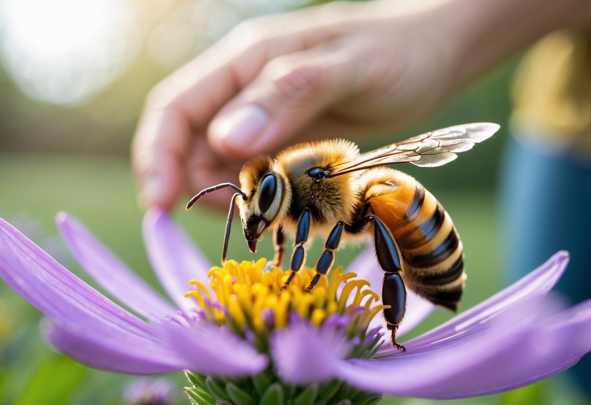 A close-up of a honeybee on a flower with a person pulling their hand back cautiously nearby.