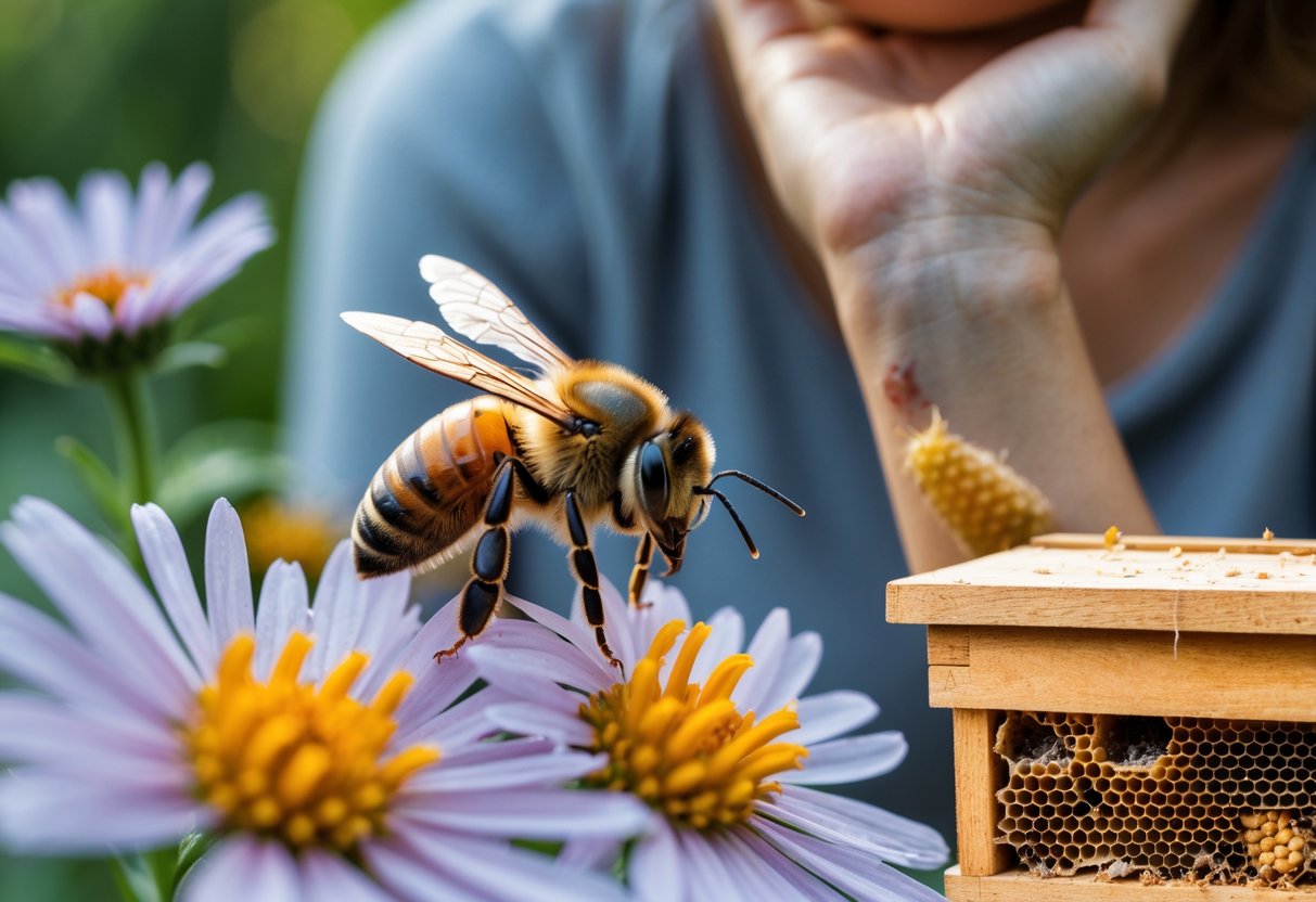 A close-up of a bee on a flower with a person in the background showing a bee sting on their arm and a damaged beehive nearby.