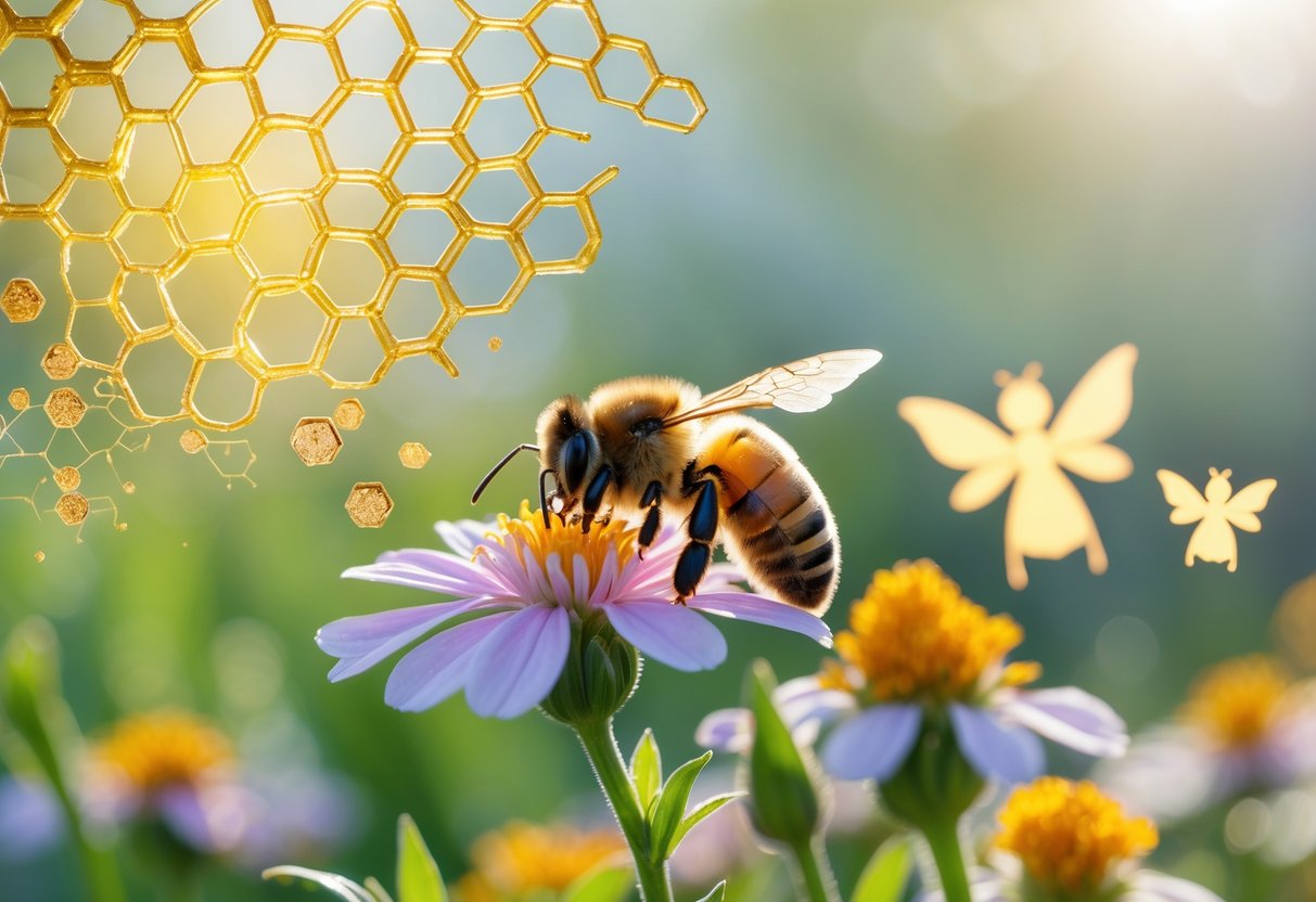A close-up of a honeybee on a flower surrounded by honeycomb patterns and faint mythical symbols in a garden setting.