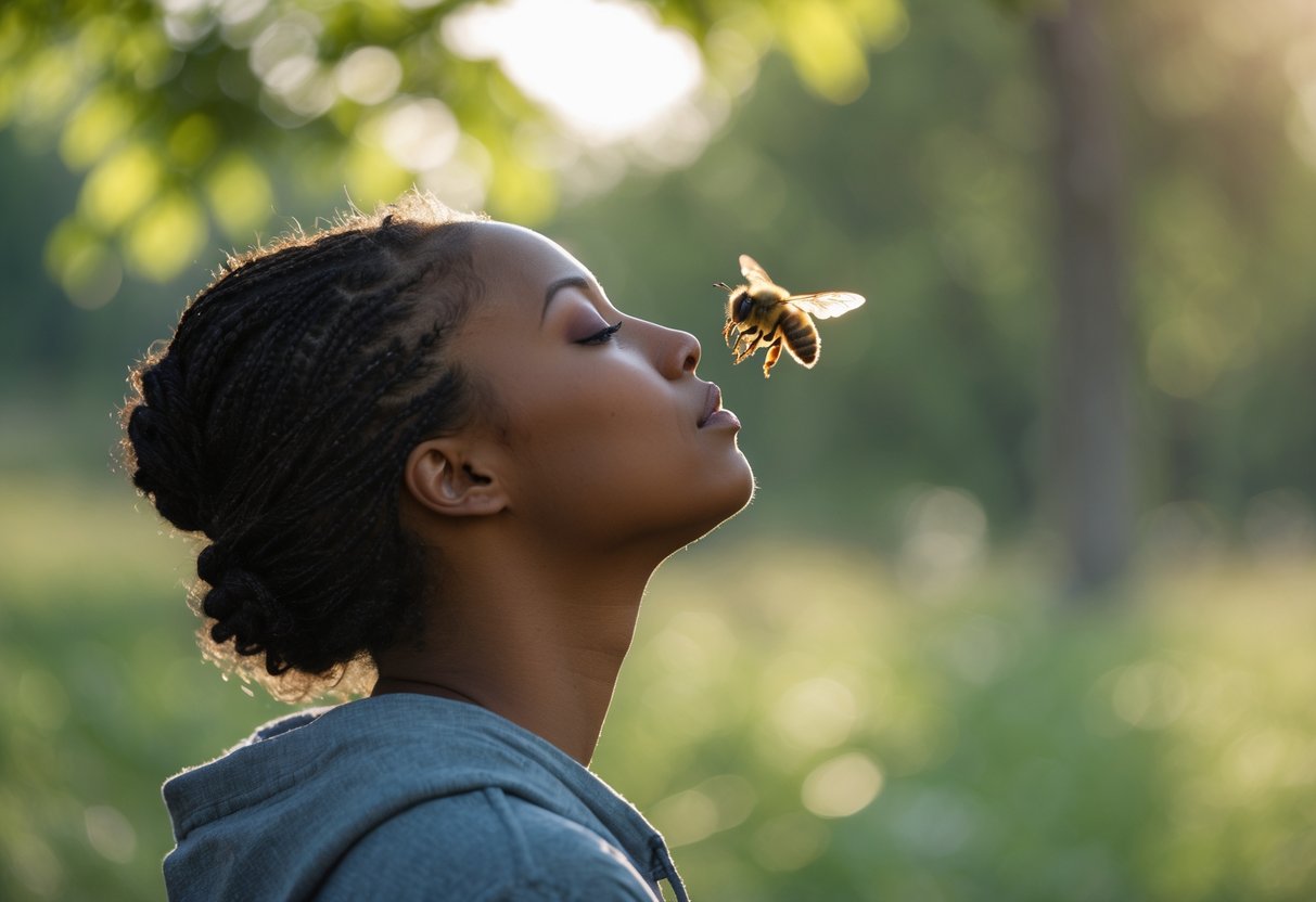 A person calmly standing outdoors with a bee flying near their face.