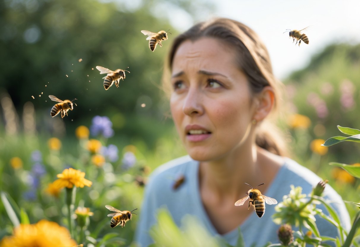 A person outdoors looking cautiously at bees flying near flowers in a natural setting.