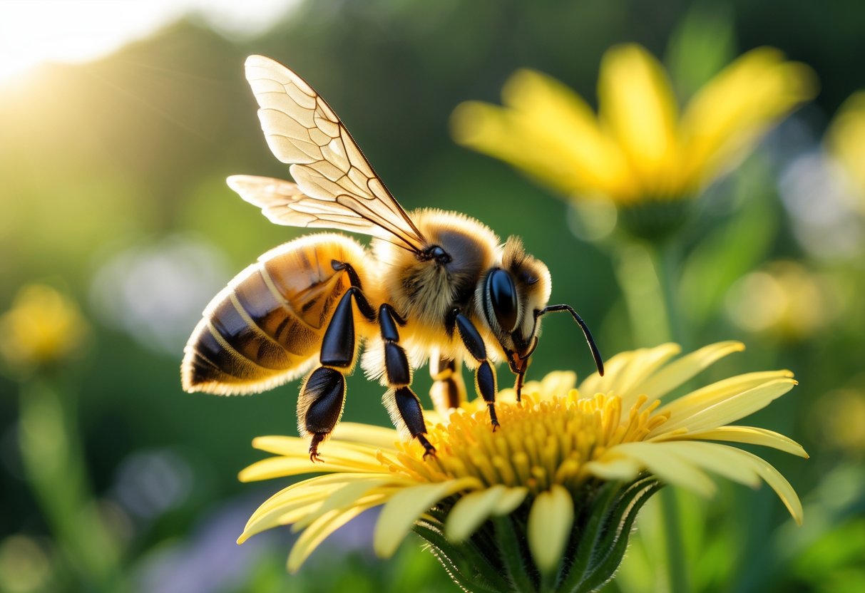 A honeybee hovering near a yellow flower in a garden with green foliage in the background.