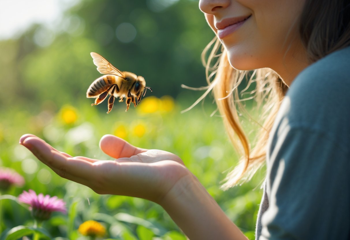 A person outdoors in a garden with a bee hovering near their hand.