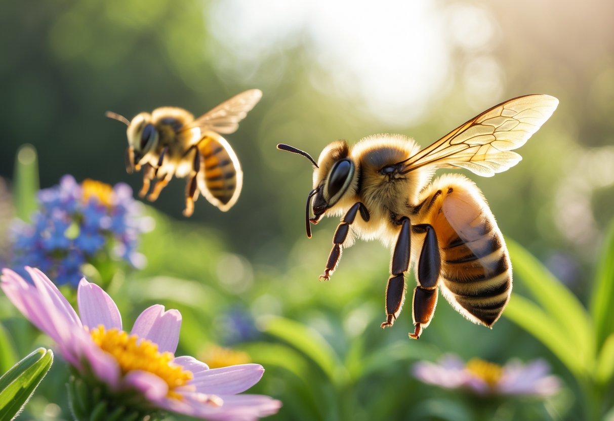 A close-up of a honeybee flying near a flower with another bee in a defensive posture in a garden setting.