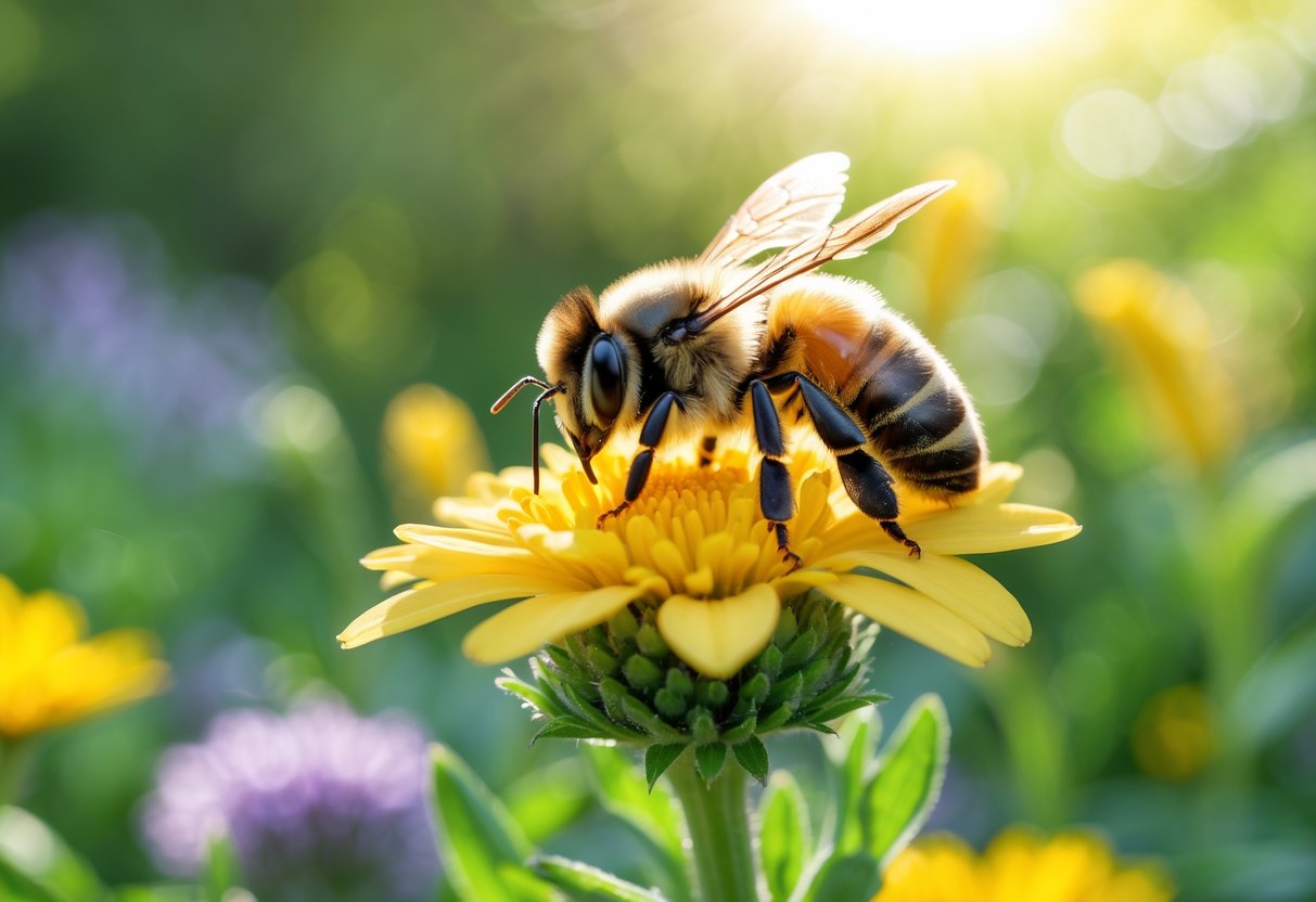 A close-up of a bee resting on a yellow flower in a garden.