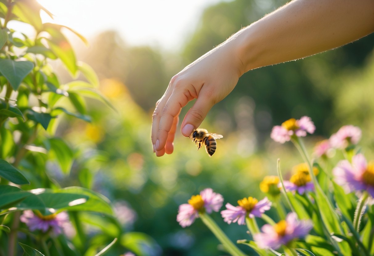 A bee hovering near a person's outstretched hand in a garden with green plants and flowers in the background.