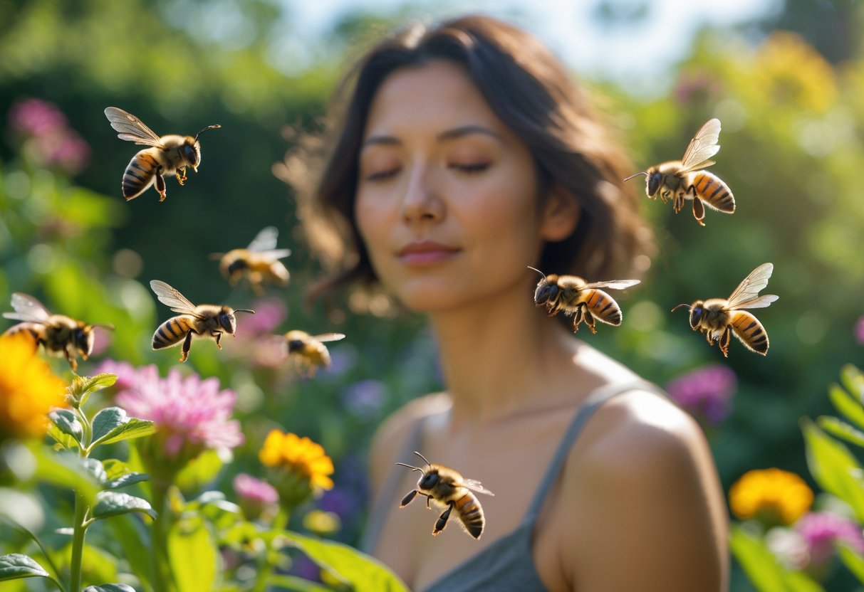 A person standing calmly in a garden with bees flying gently around them.