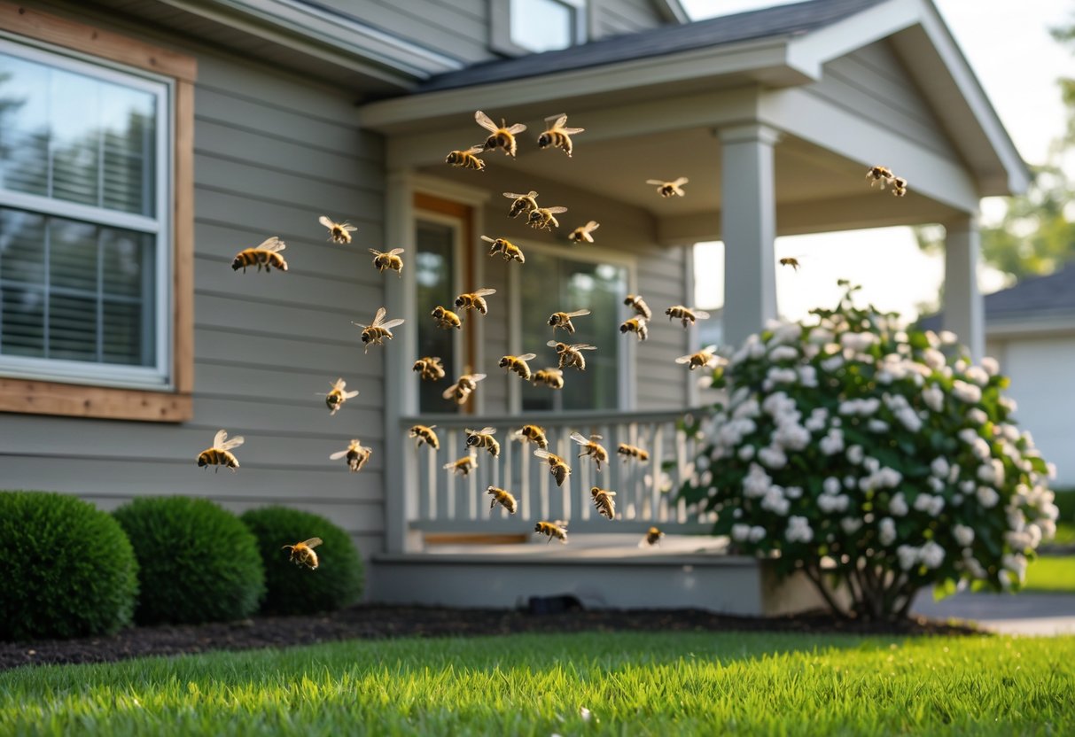 A suburban house with a swarm of bees flying around the front porch and near the windows.