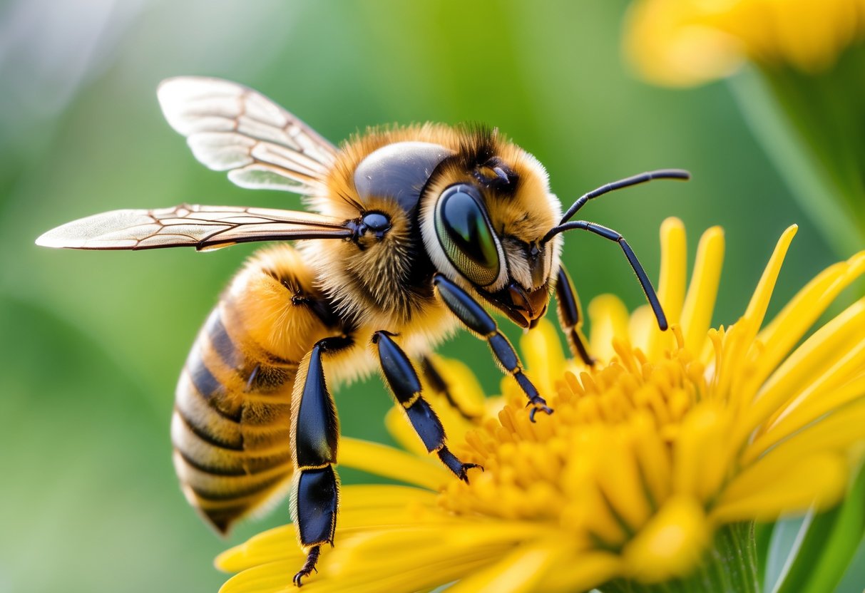 A honeybee sitting on a yellow flower with its face and eyes clearly visible.