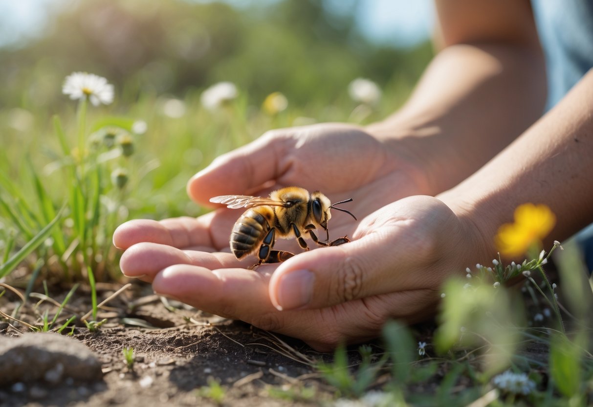 A person gently cupping their hand near a bee resting on grass outdoors.