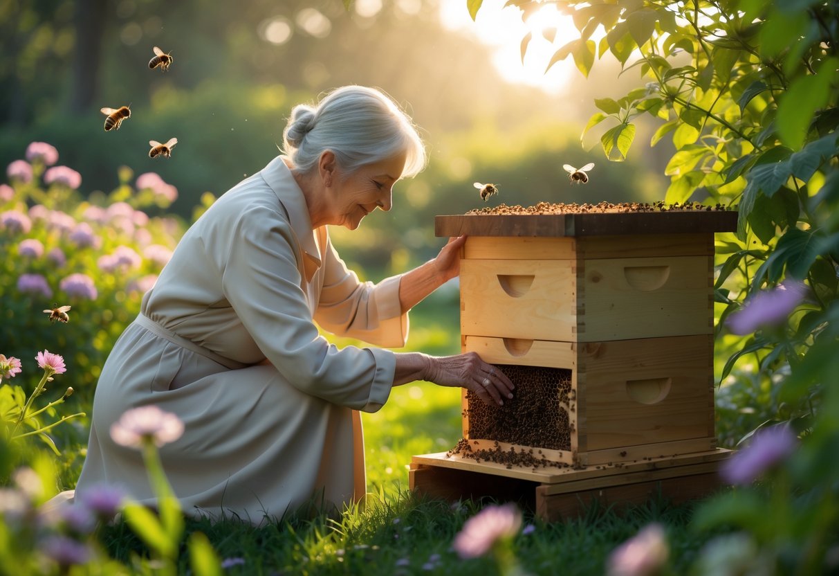 An elderly woman kneeling by a wooden beehive in a garden, gently touching the hive while bees fly nearby.