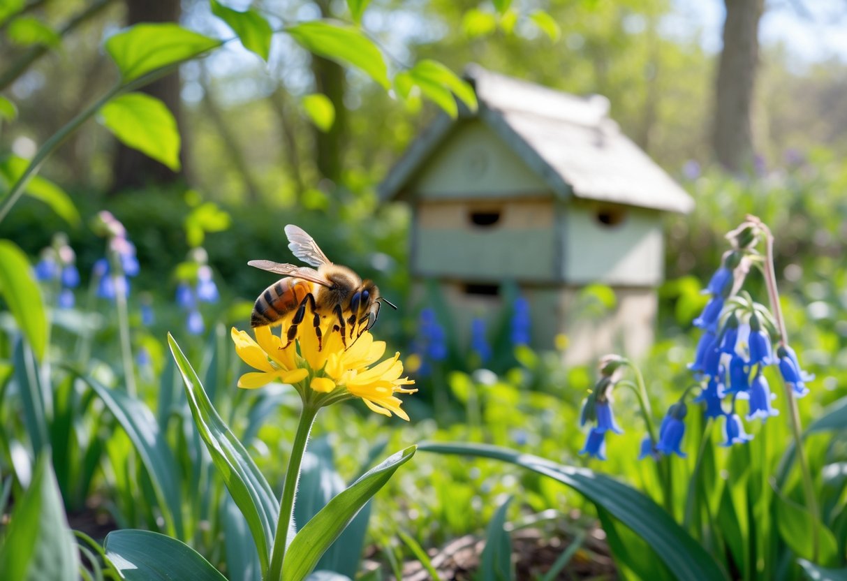 A honeybee collecting nectar from a yellow flower in a green English garden with a wooden beehive in the background.