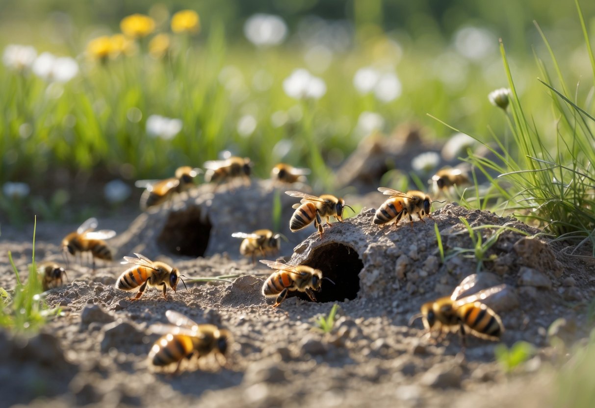 Close-up of ground bees entering and exiting small burrows in a patch of soil surrounded by grass and wildflowers.