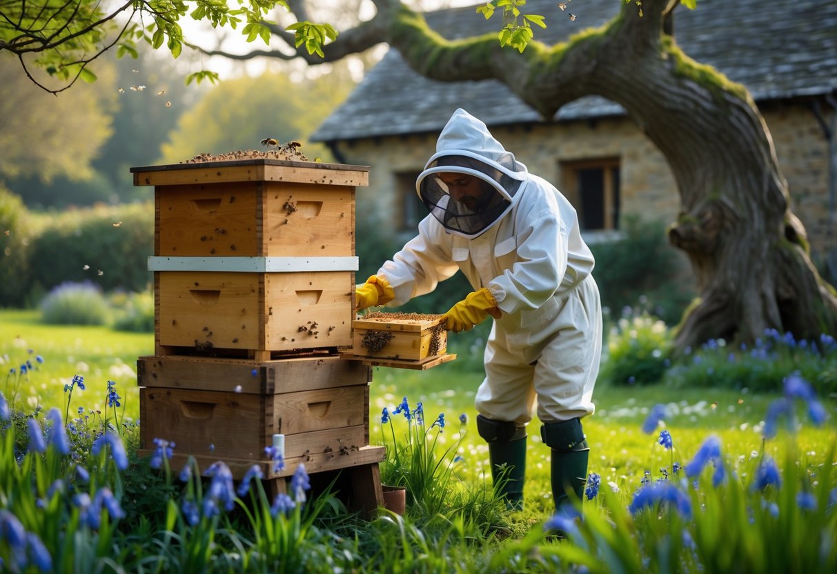 A beekeeper tending a wooden beehive in a flowering English garden with an old stone cottage and oak tree in the background.