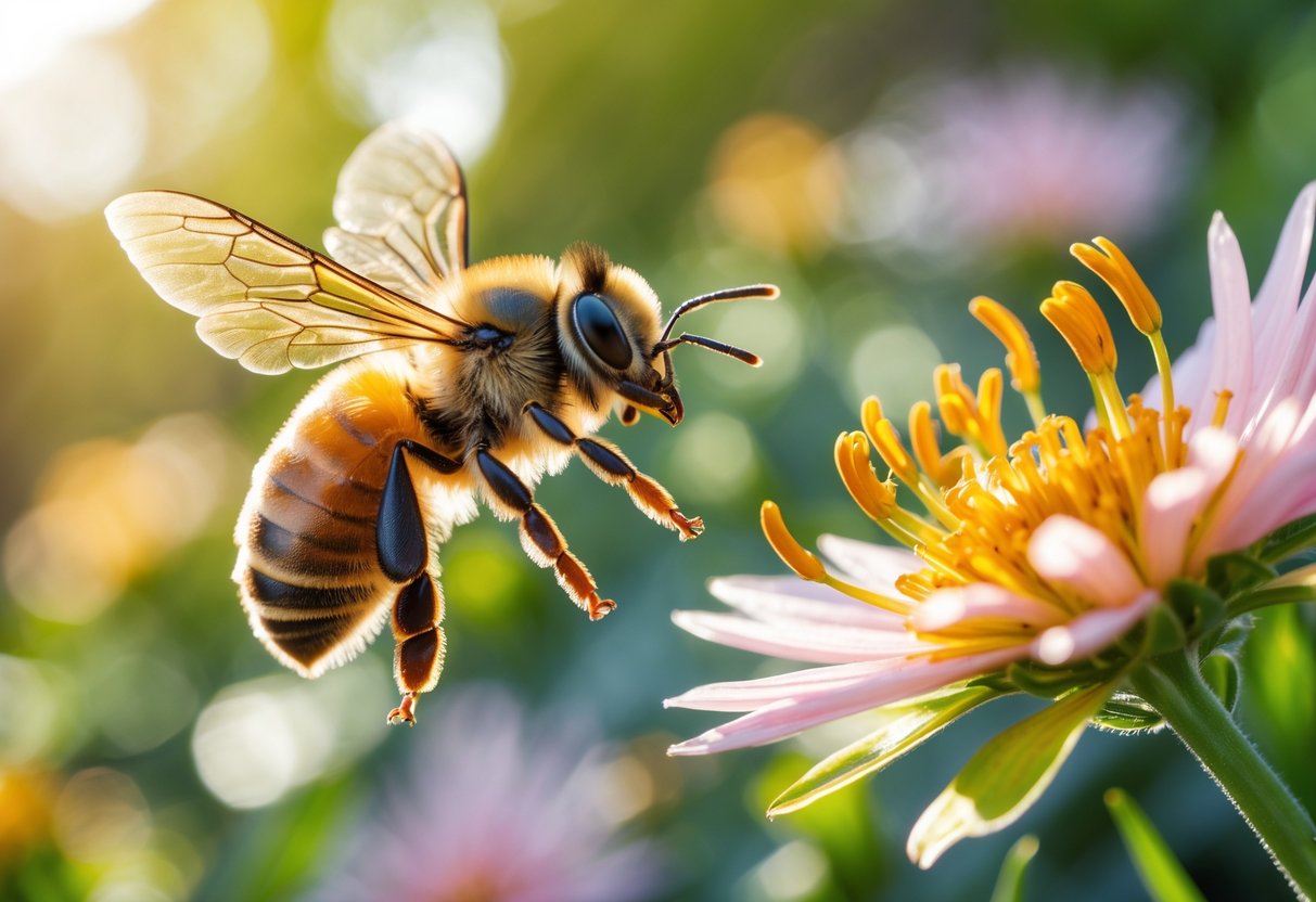 A bee flying toward a colorful flower with green foliage in the background.