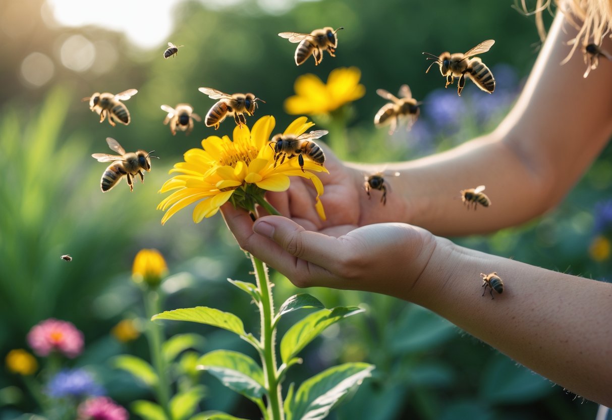 A person holding a bright yellow flower outdoors with bees hovering and landing on the flower and nearby skin.