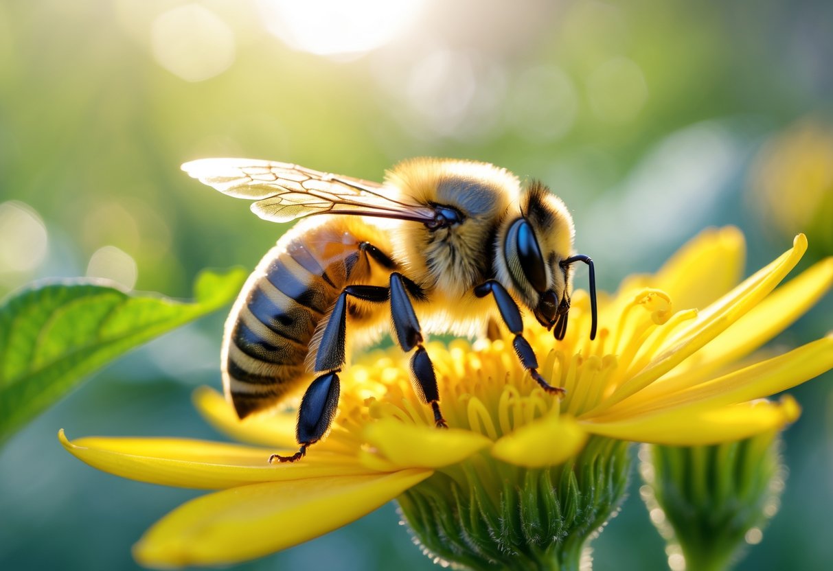 A close-up of a honeybee resting on a yellow flower, showing signs of distress.