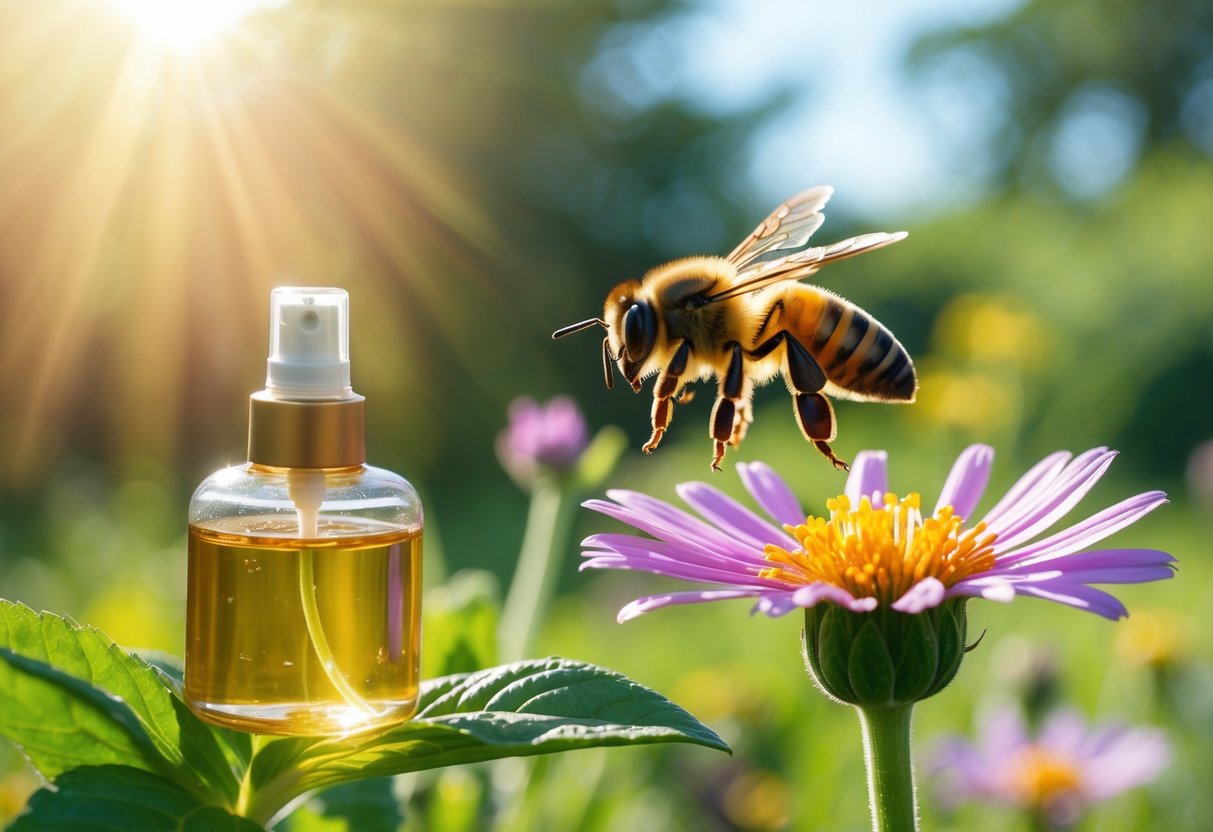 A honeybee flying near a flower, avoiding a small jar of insect repellent in a sunny garden.
