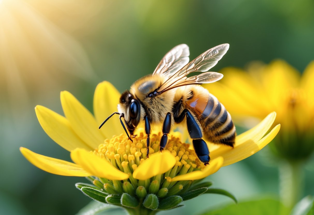 A close-up of a bee resting on a yellow flower with green foliage in the background.