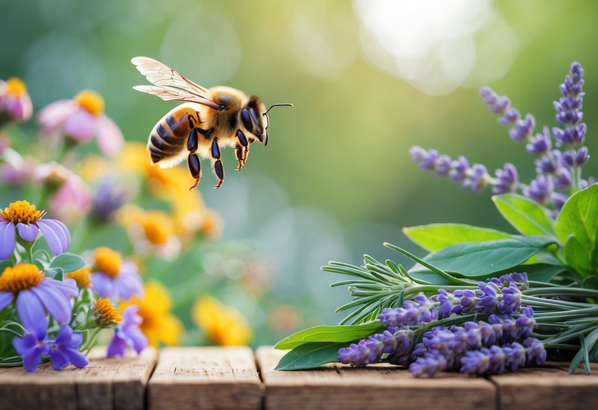A close-up of a honeybee near colorful flowers with natural bee repellent plants like citronella and lavender arranged nearby on a wooden surface.